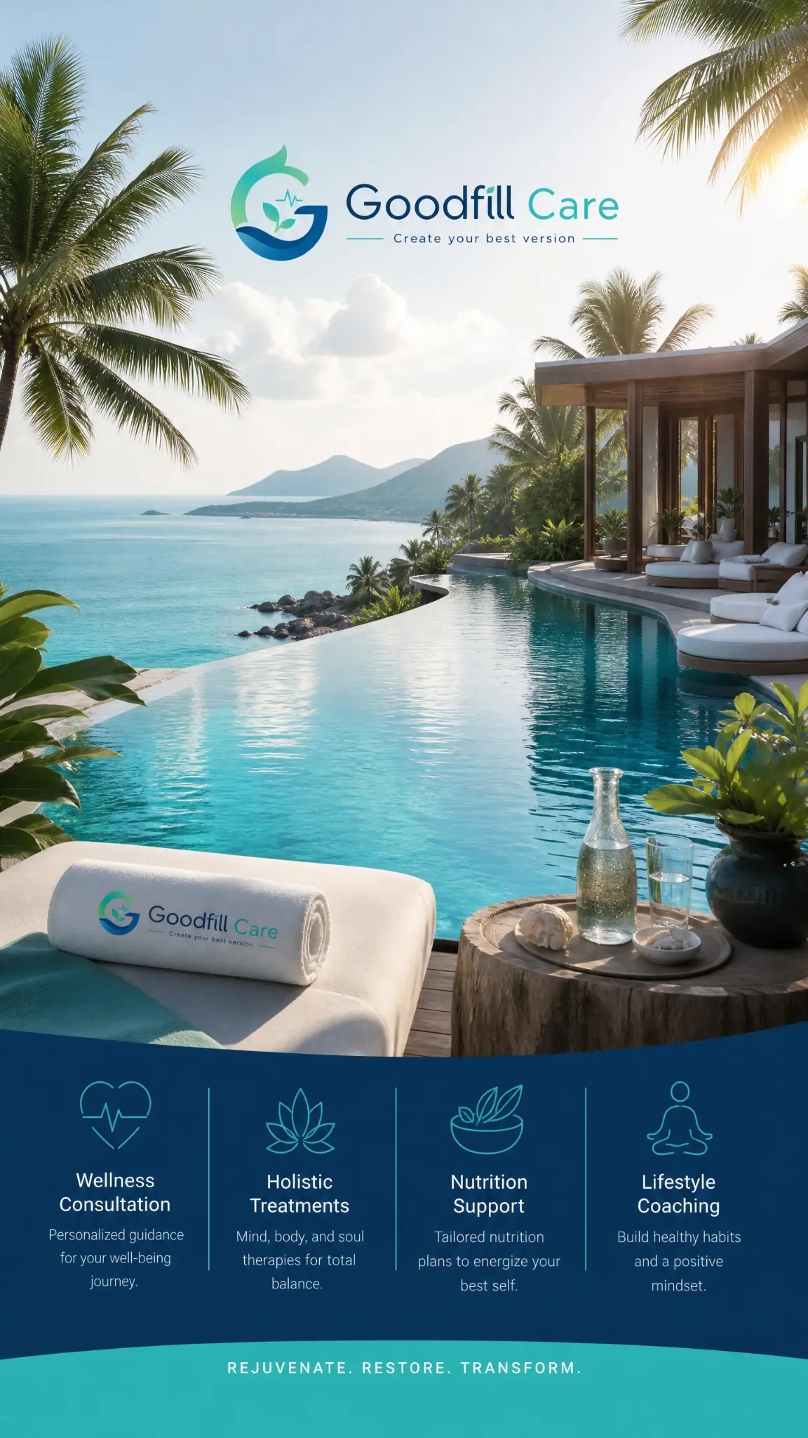 รีสอร์ตเวลเนสริมทะเลพร้อมสระว่ายน้ำและแบรนด์ Goodfill Care